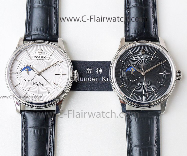 Swiss Grade Rolex Cellini Moonphase Replica Watch Black Leather